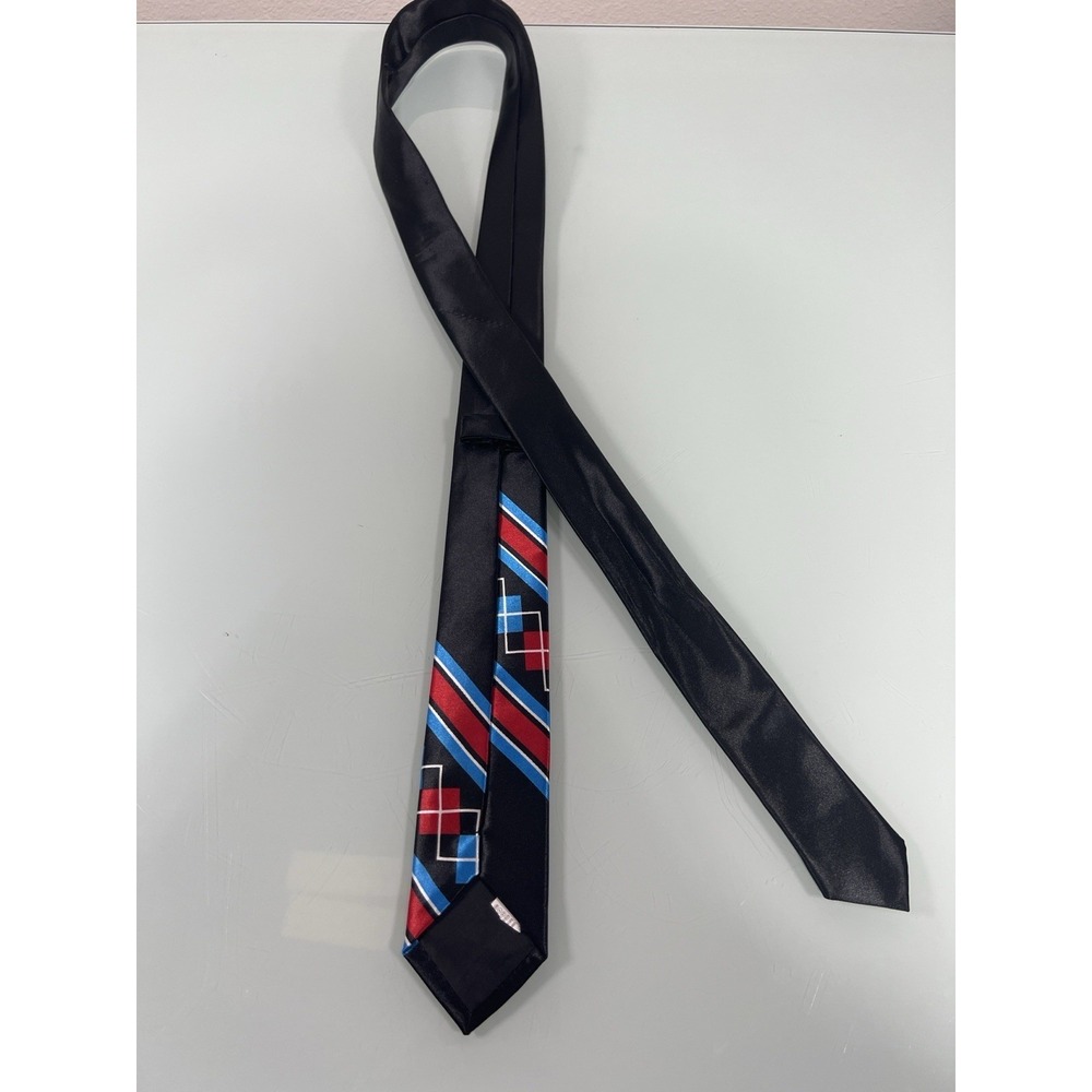 Retro 80s Geometric Tie Men's Thin Navy Red Blue Stripe Vintage Style - Picture 4 of 5
